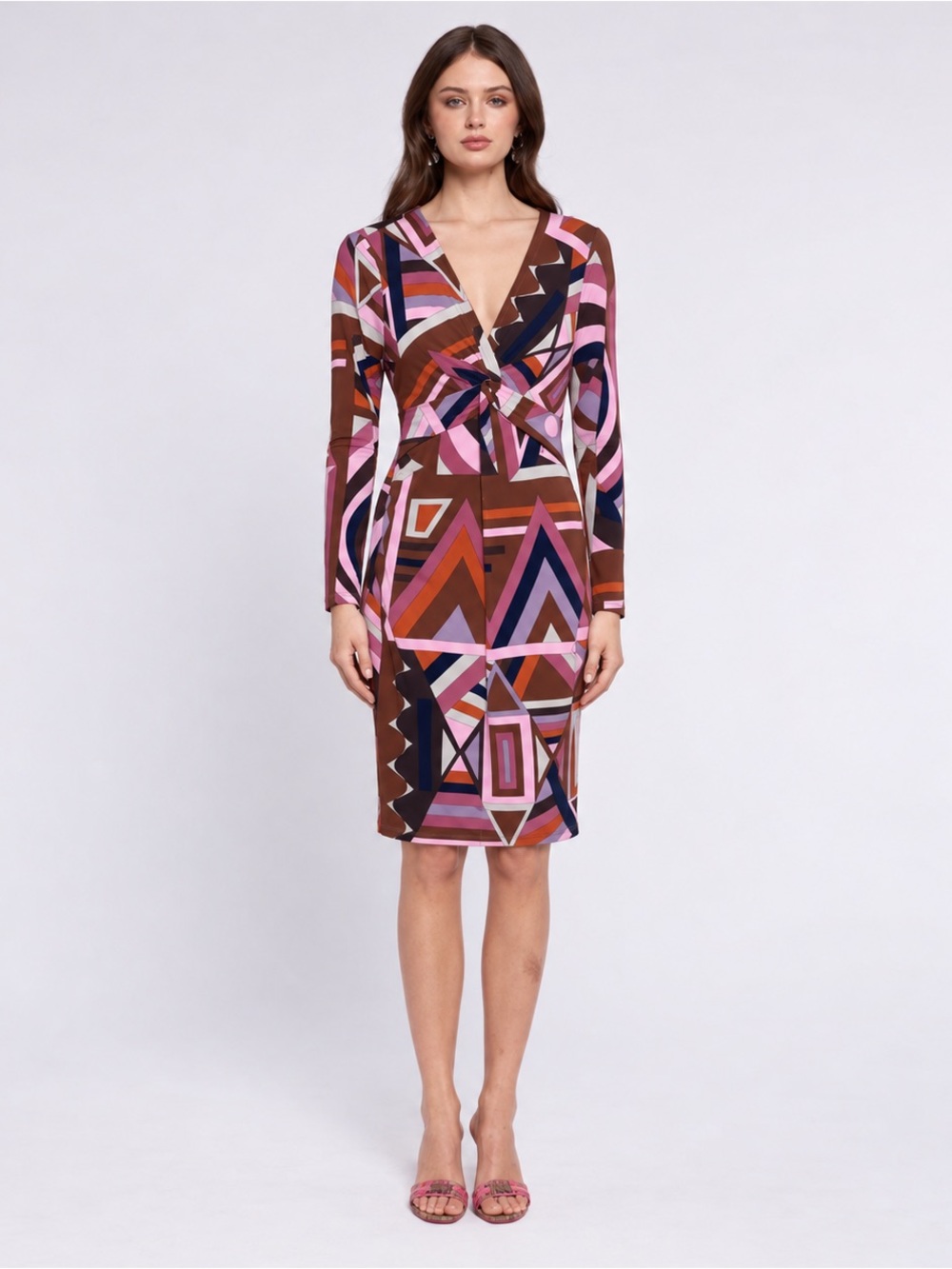EMILIO PUCCI Geometric Print V-Neck Long Sleeve Dress Mixed Pink Purple Sz 10 40